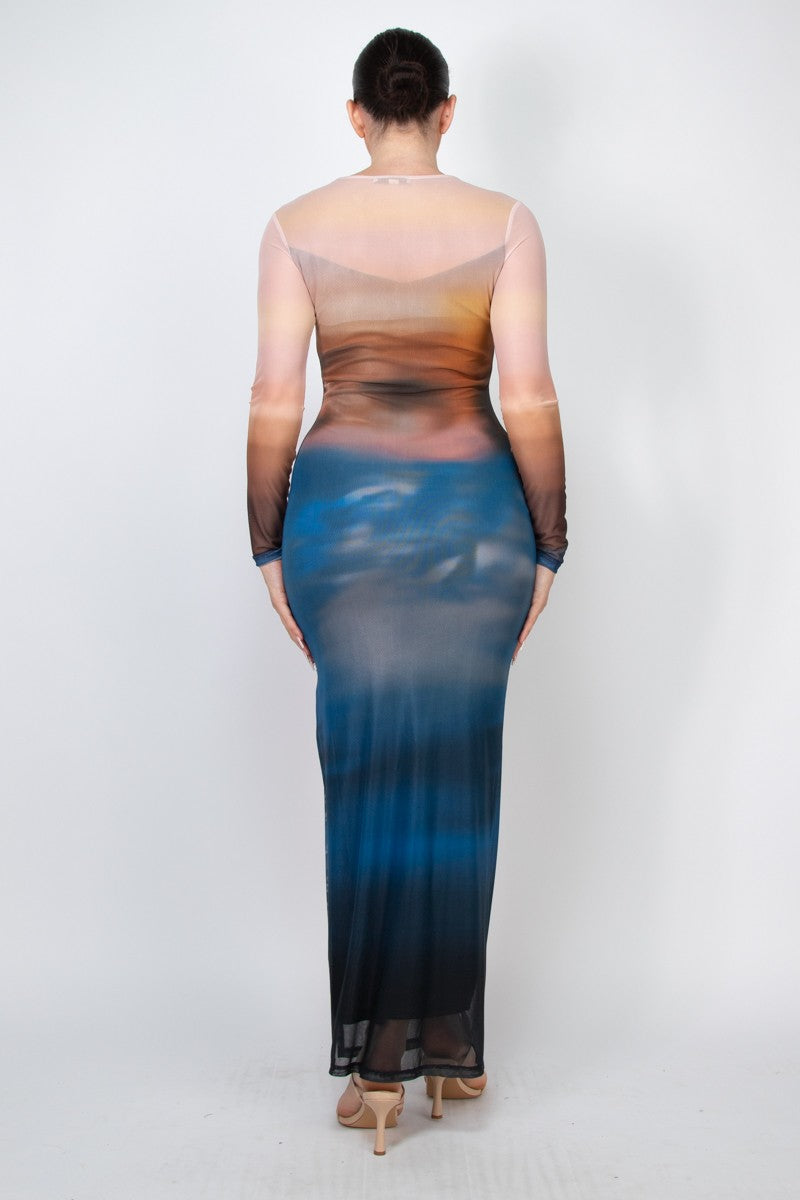 Two-layer Long Sleeve Mesh Ombre Maxi Dress