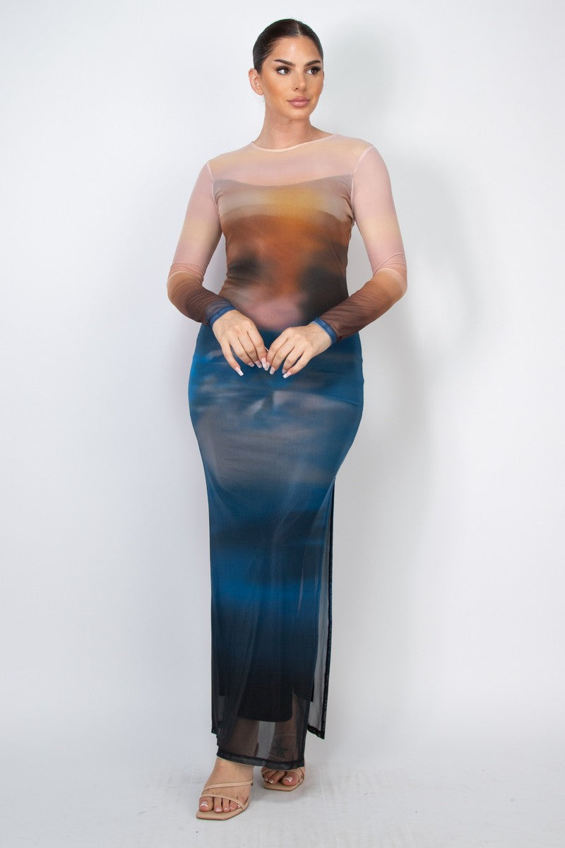 Two-layer Long Sleeve Mesh Ombre Maxi Dress