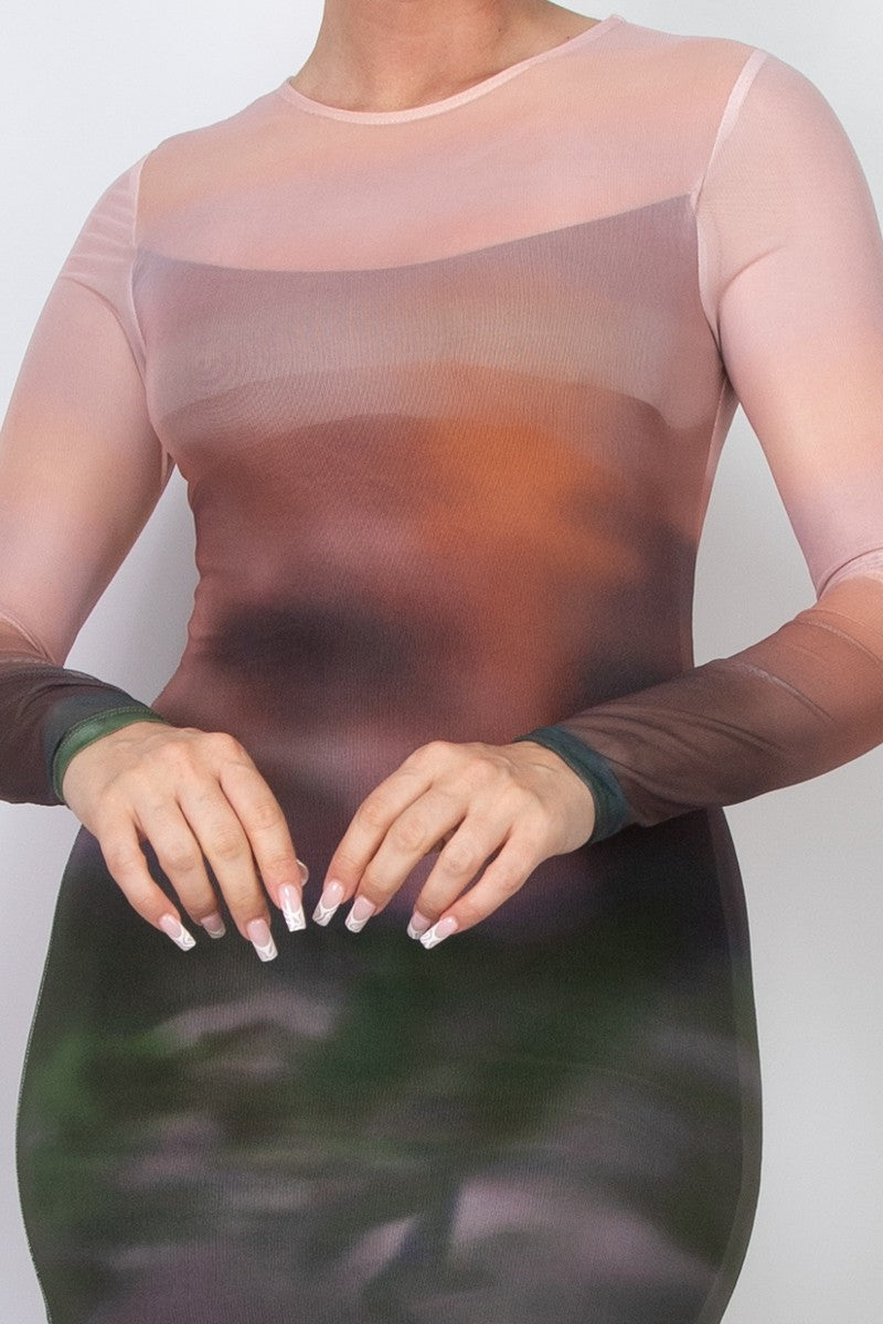 Two-layer Long Sleeve Mesh Ombre Maxi Dress