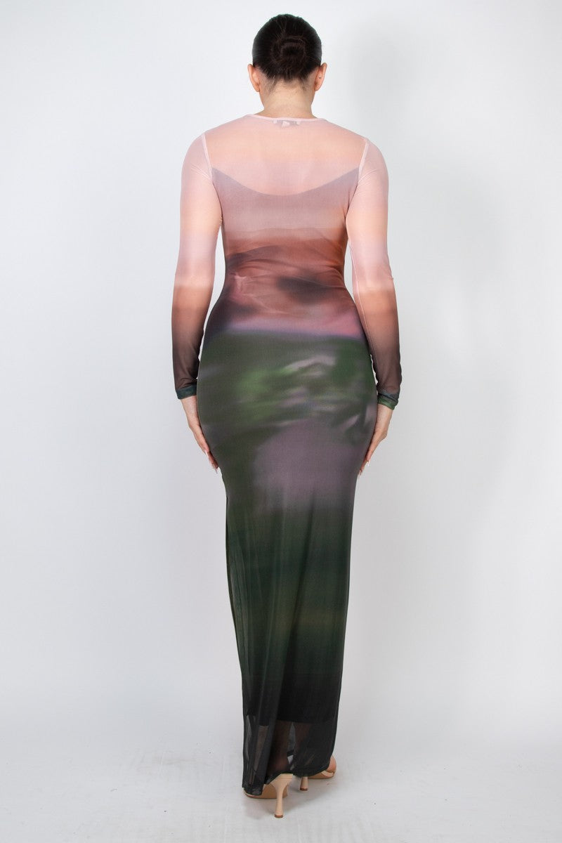 Two-layer Long Sleeve Mesh Ombre Maxi Dress