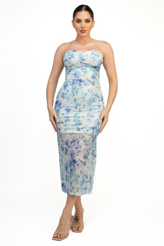 Floral Bandeau Ruched Bodycon Dress