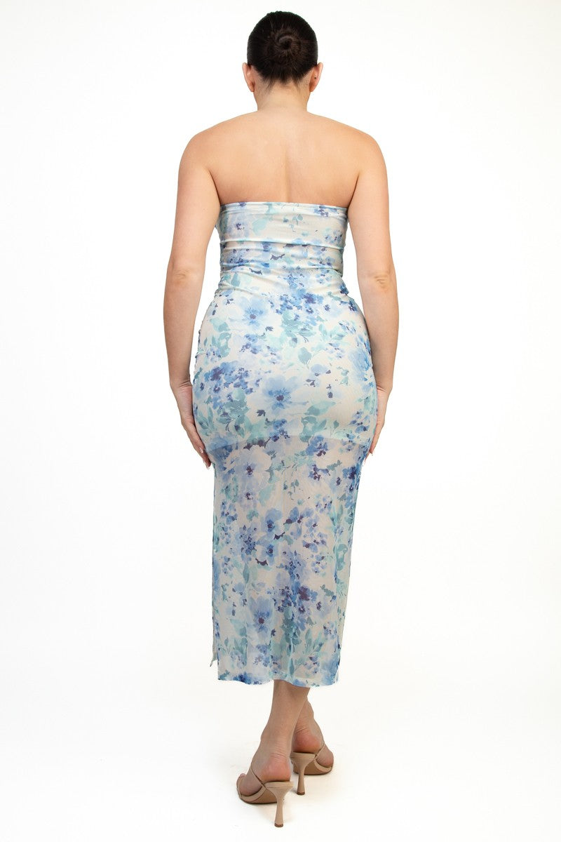Floral Bandeau Ruched Bodycon Dress