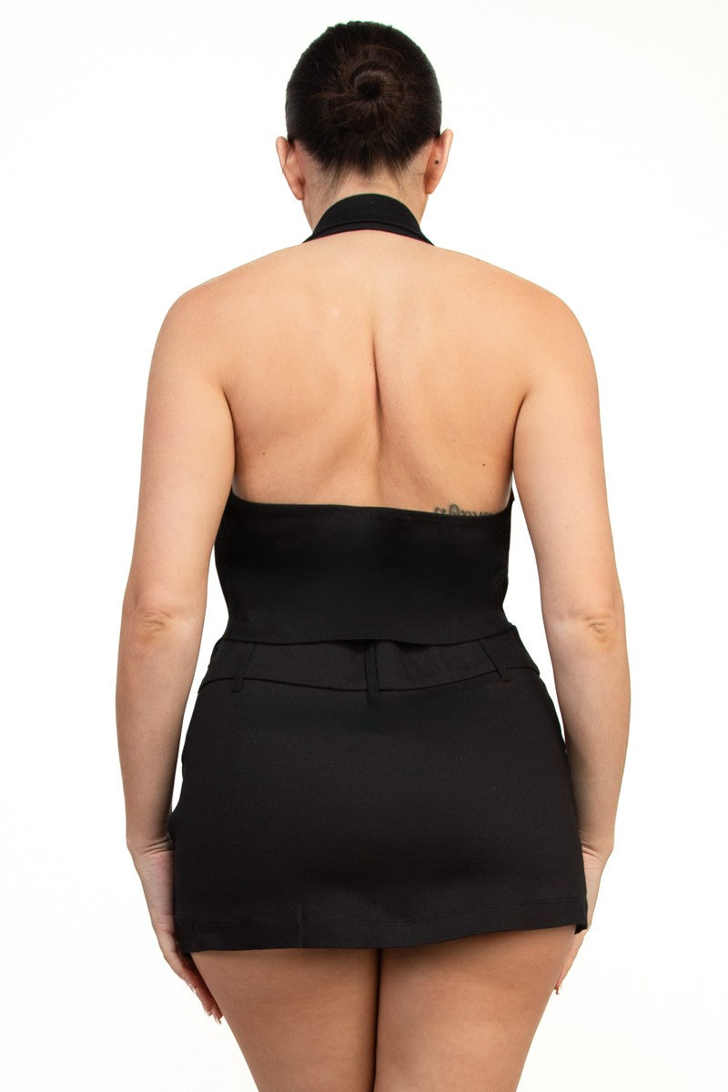 Halter Neck Zip-up Slit Crop Top