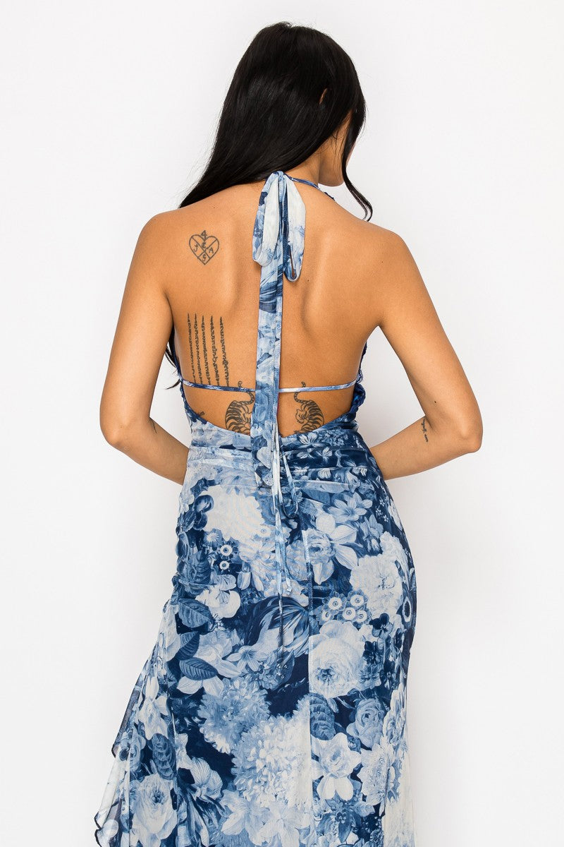 Lace Halter Side Slit Ruffle Midi Dress
