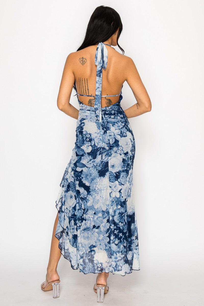 Lace Halter Side Slit Ruffle Midi Dress