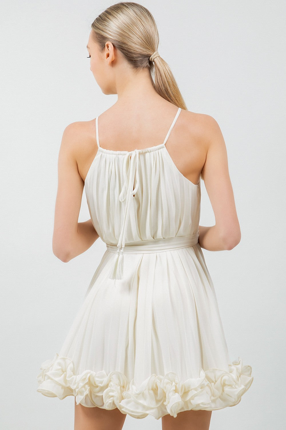 Chiffon Allover Pleated Tie Waist Wired Hem Dress