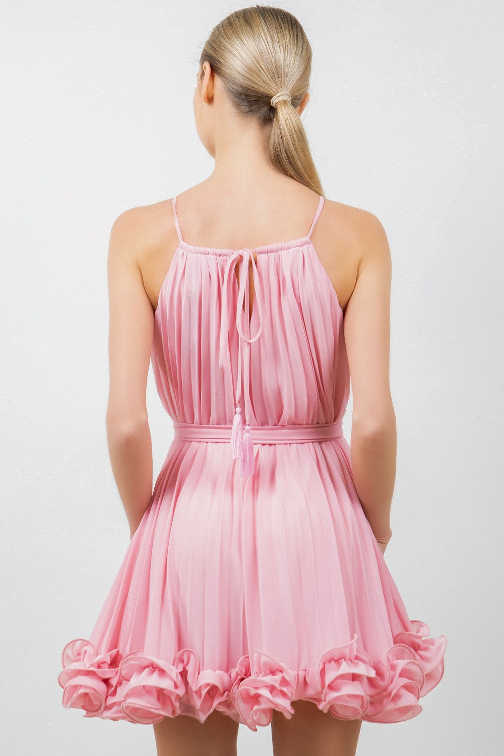 Chiffon Allover Pleated Tie Waist Wired Hem Dress