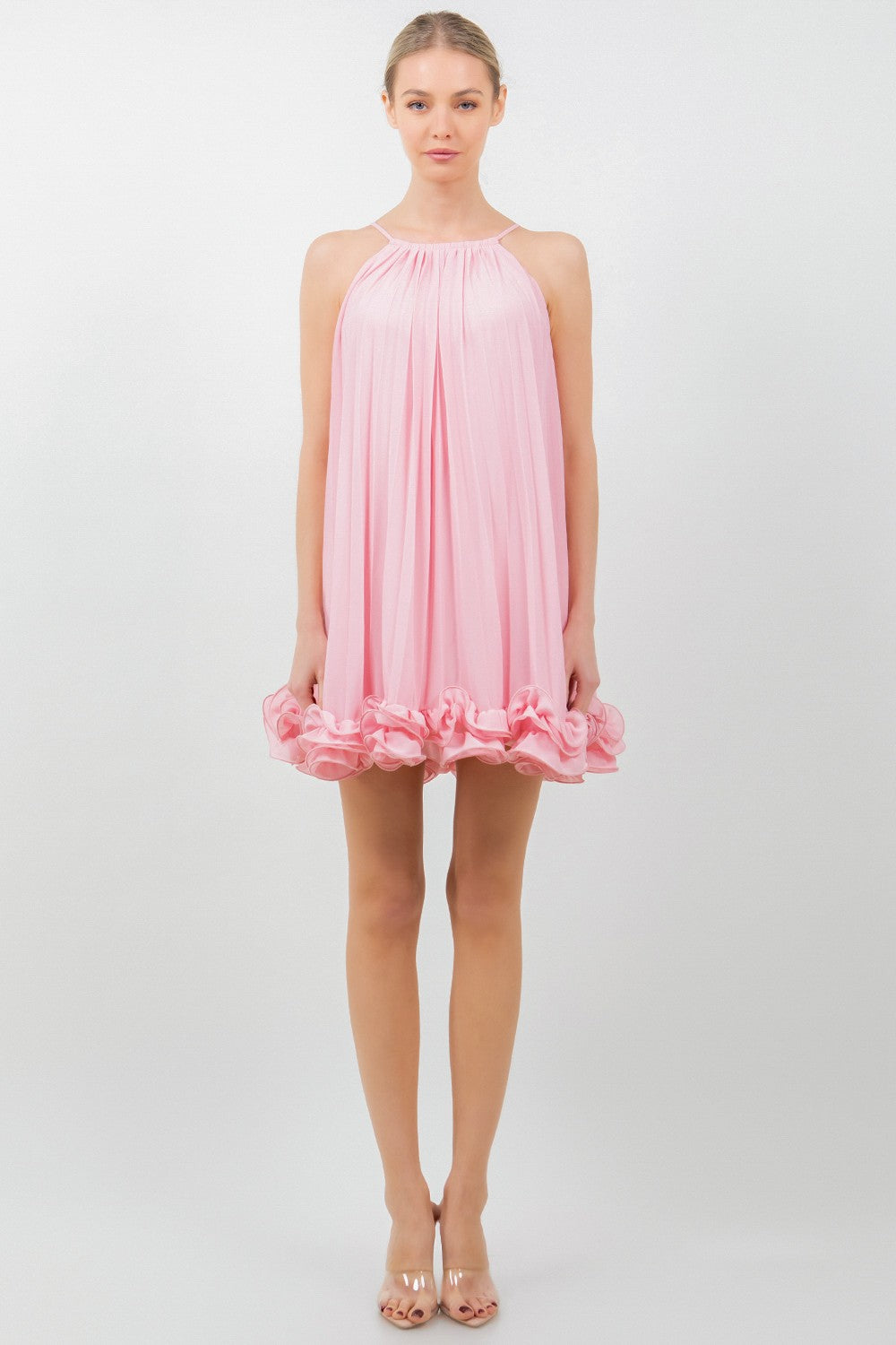 Chiffon Allover Pleated Tie Waist Wired Hem Dress