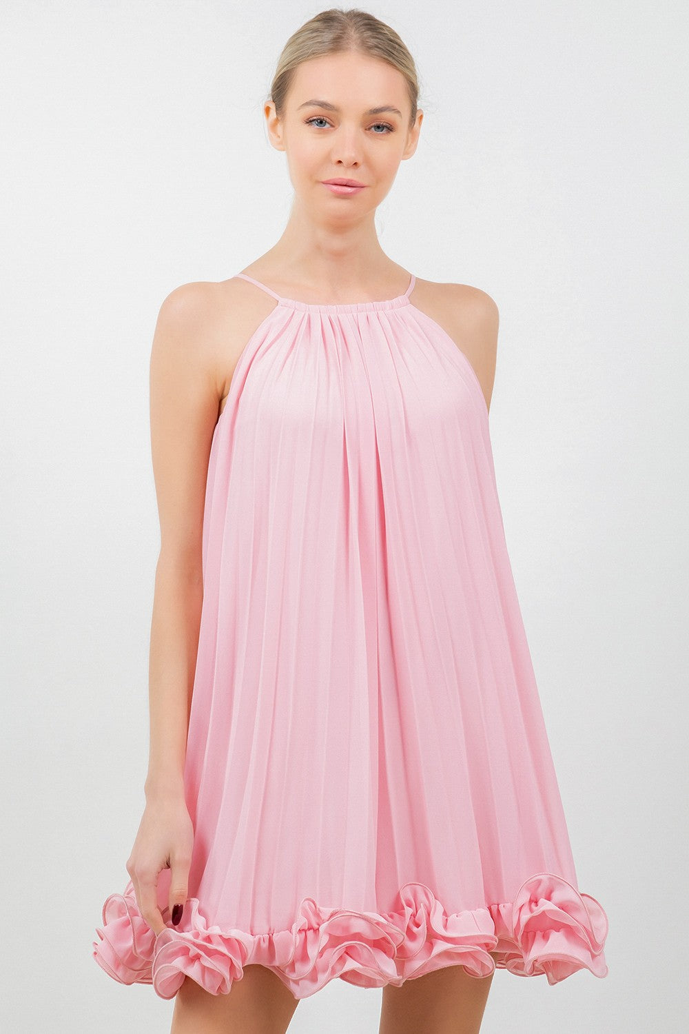 Chiffon Allover Pleated Tie Waist Wired Hem Dress