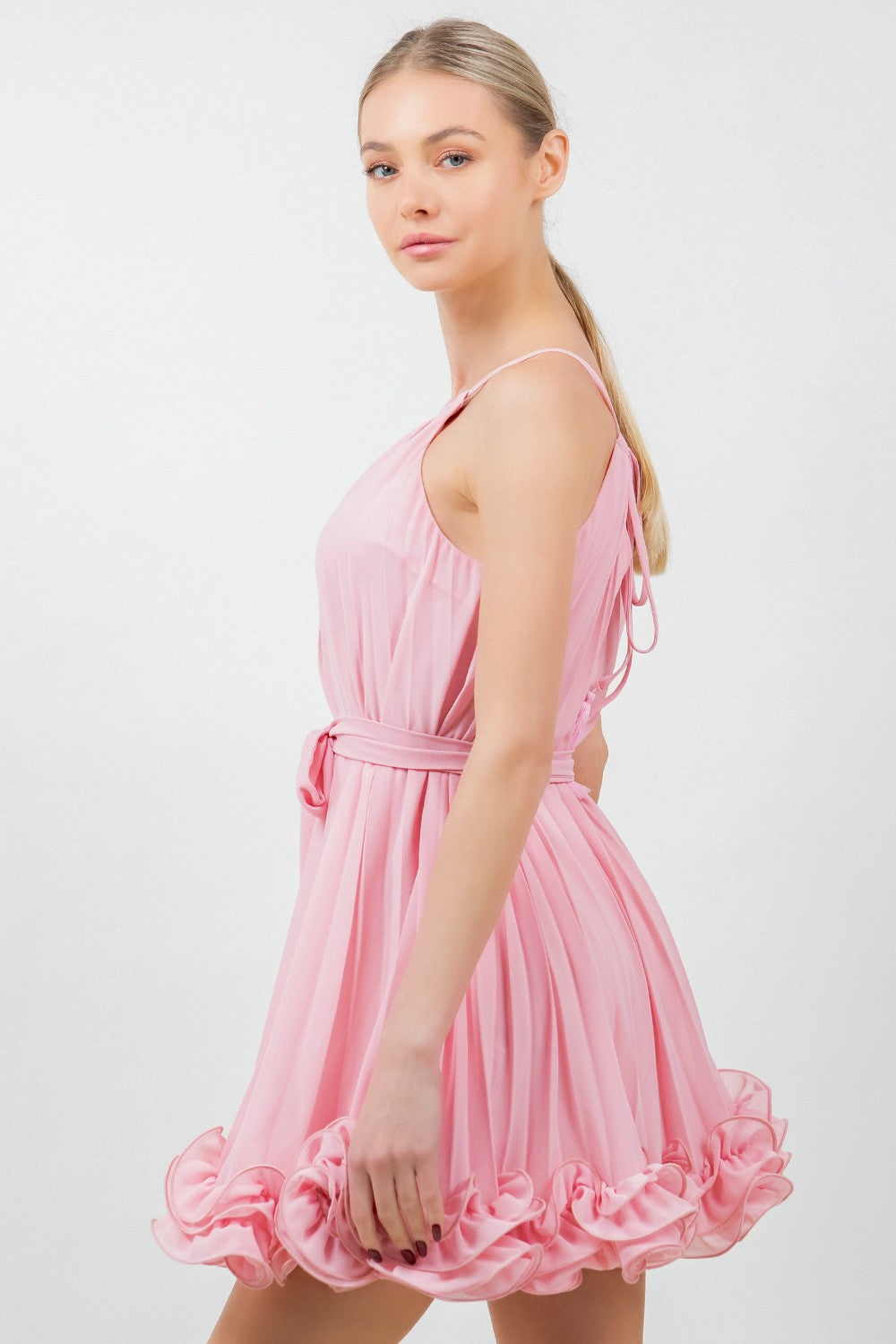 Chiffon Allover Pleated Tie Waist Wired Hem Dress