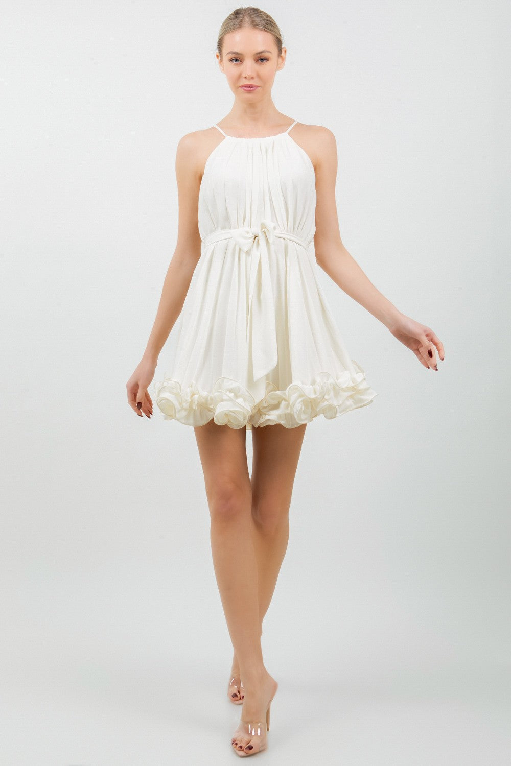Chiffon Allover Pleated Tie Waist Wired Hem Dress