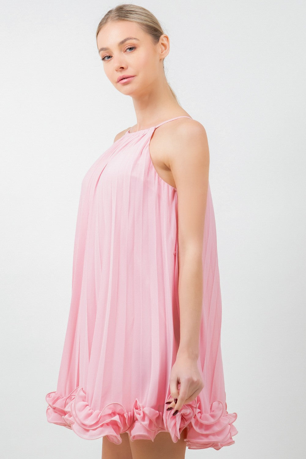 Chiffon Allover Pleated Tie Waist Wired Hem Dress