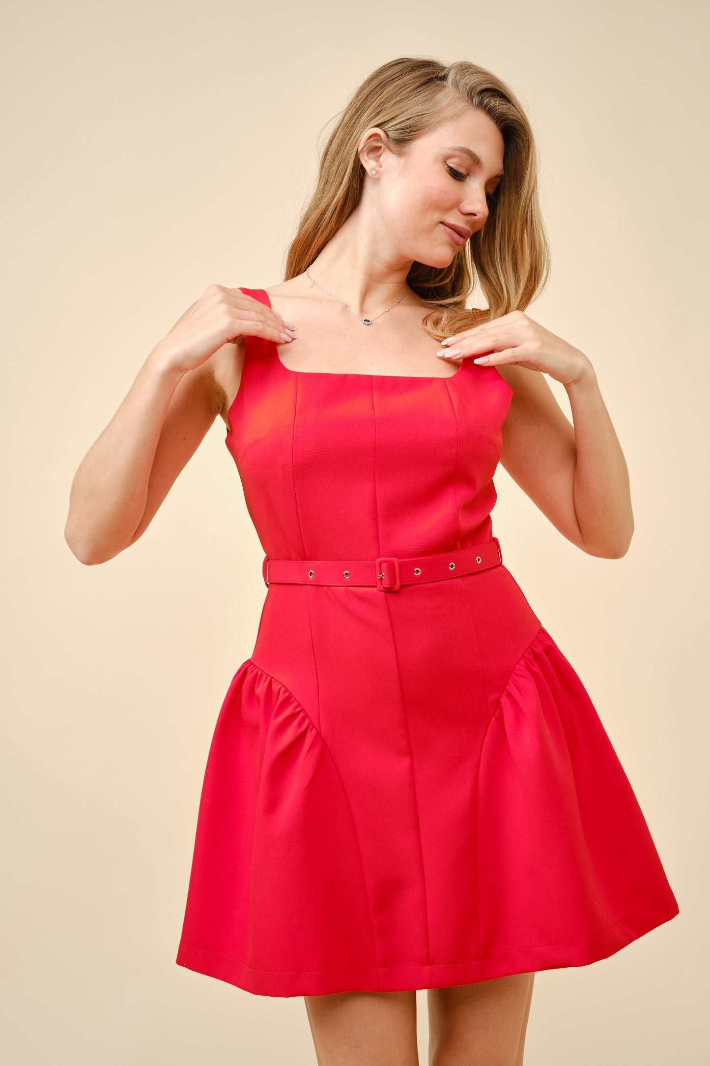 Squared Neck A Line Mini Belted Dress