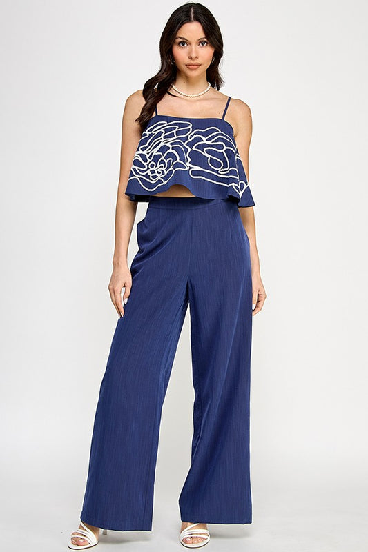 Square Neck Top with Contrast Embroidery and Wide Leg Pants Set