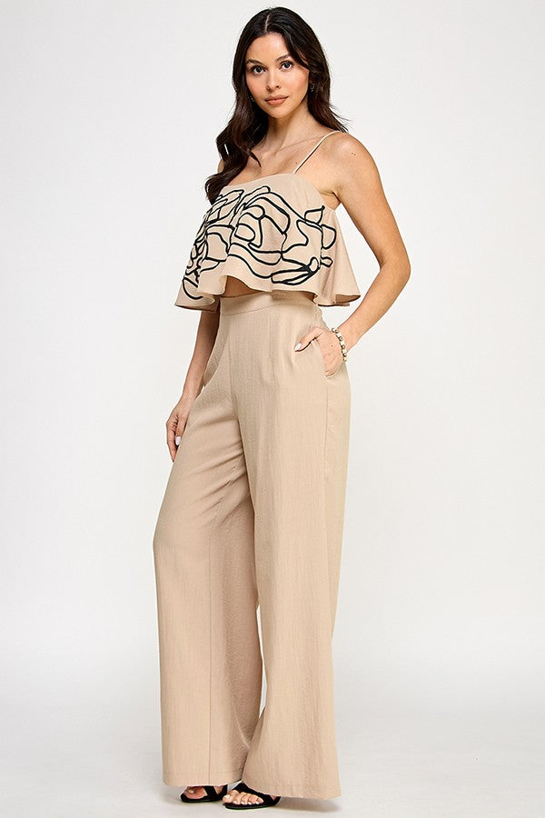 Square Neck Top with Contrast Embroidery and Wide Leg Pants Set