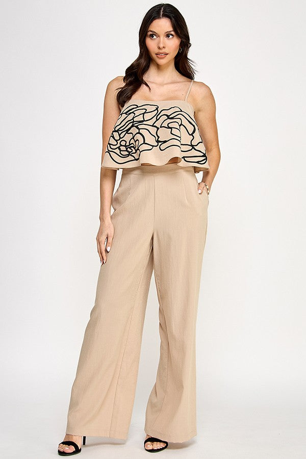 Square Neck Top with Contrast Embroidery and Wide Leg Pants Set