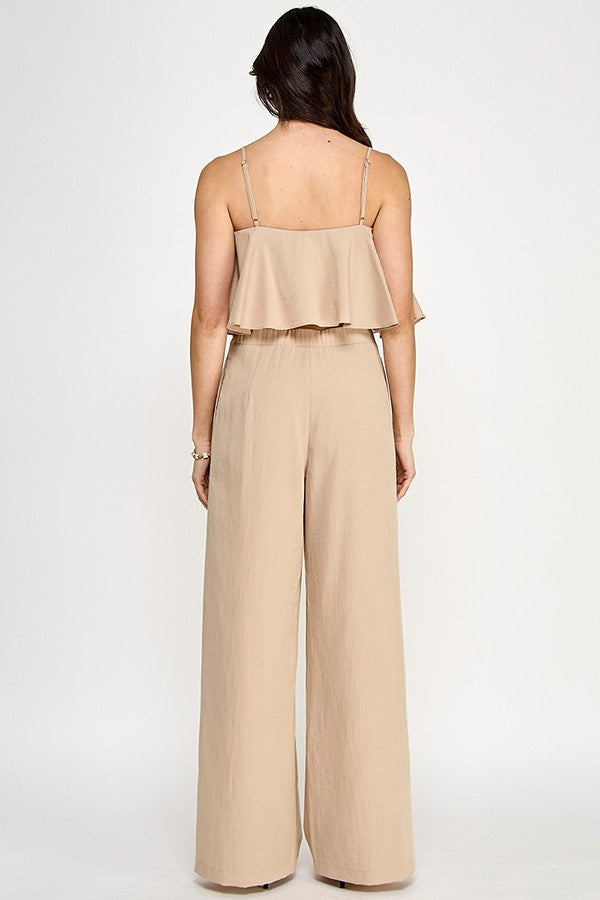 Square Neck Top with Contrast Embroidery and Wide Leg Pants Set