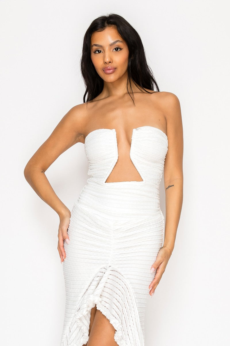 Textured Fabric Boning Ruffle Maxi Dress