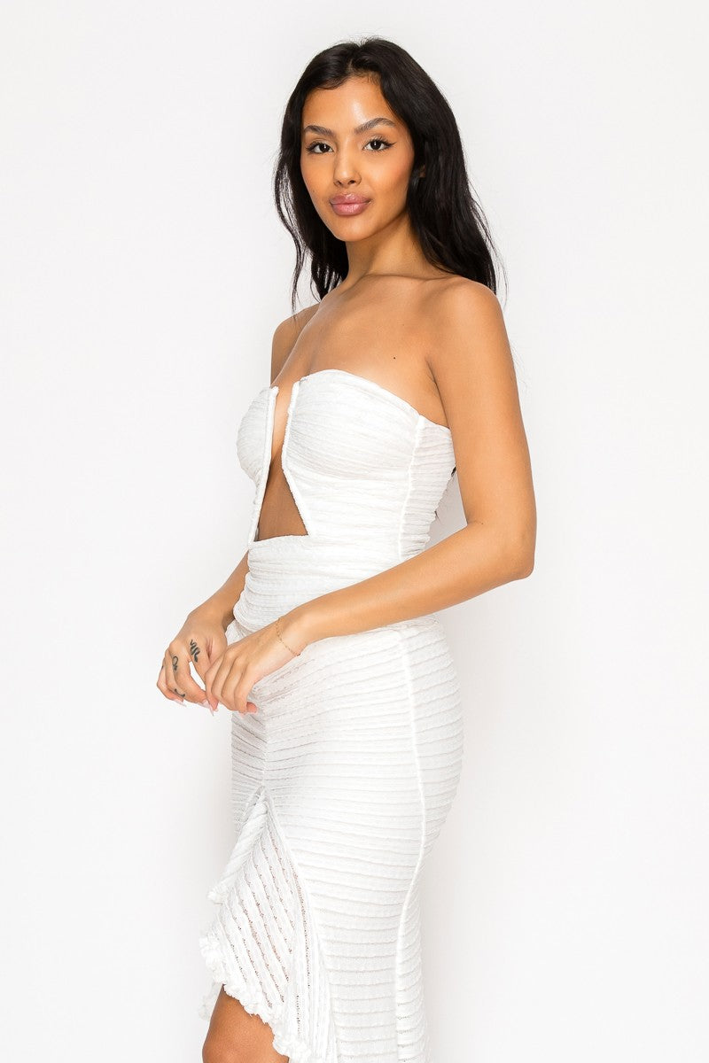 Textured Fabric Boning Ruffle Maxi Dress
