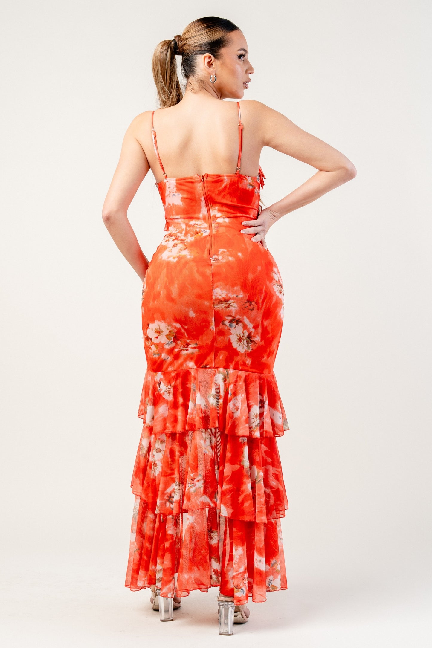 Mesh Print Ruffle Detail V-line Cami Maxi Dress
