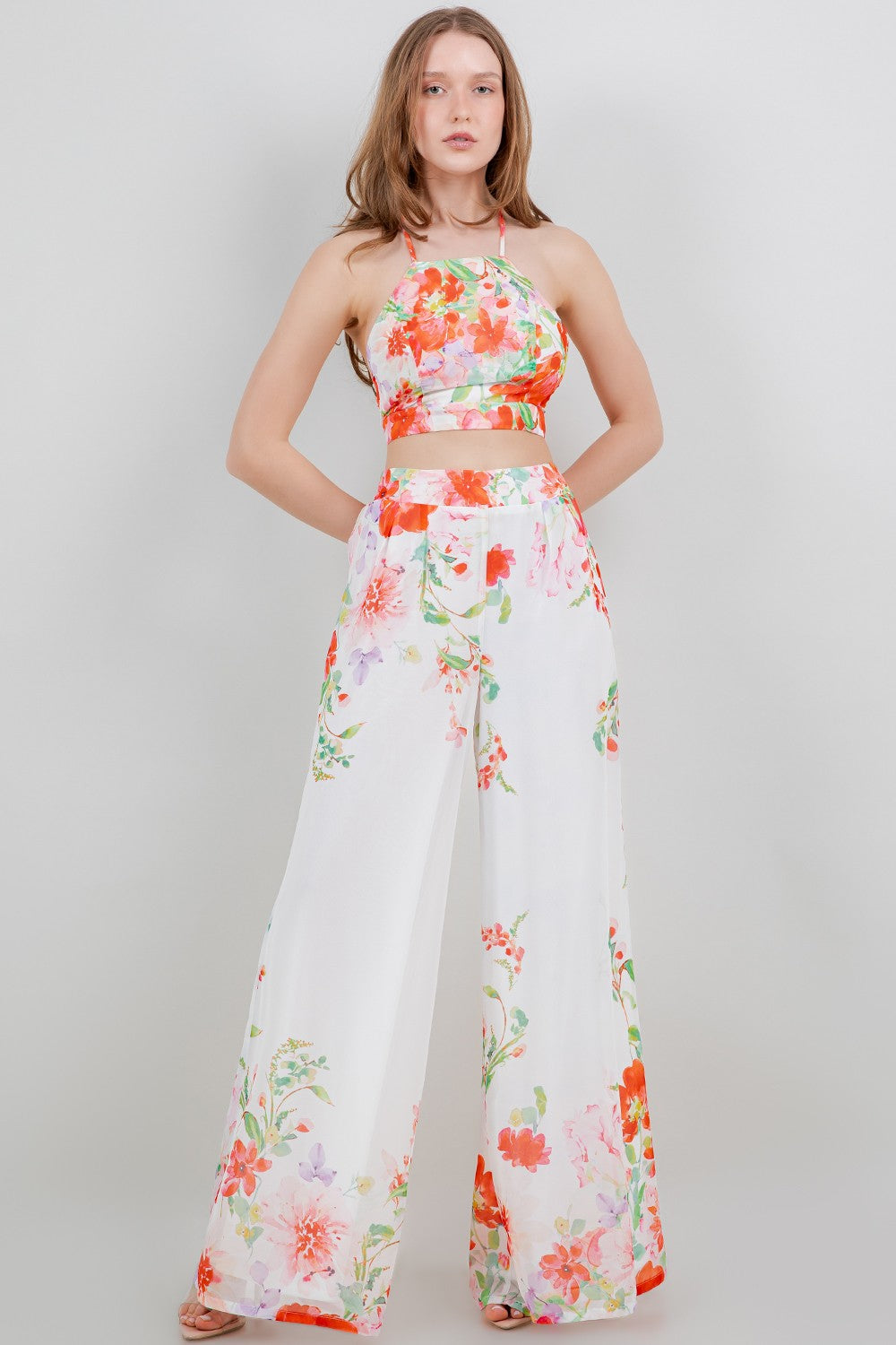 Tie Back Cropped Top And Wide Leg Pants Set