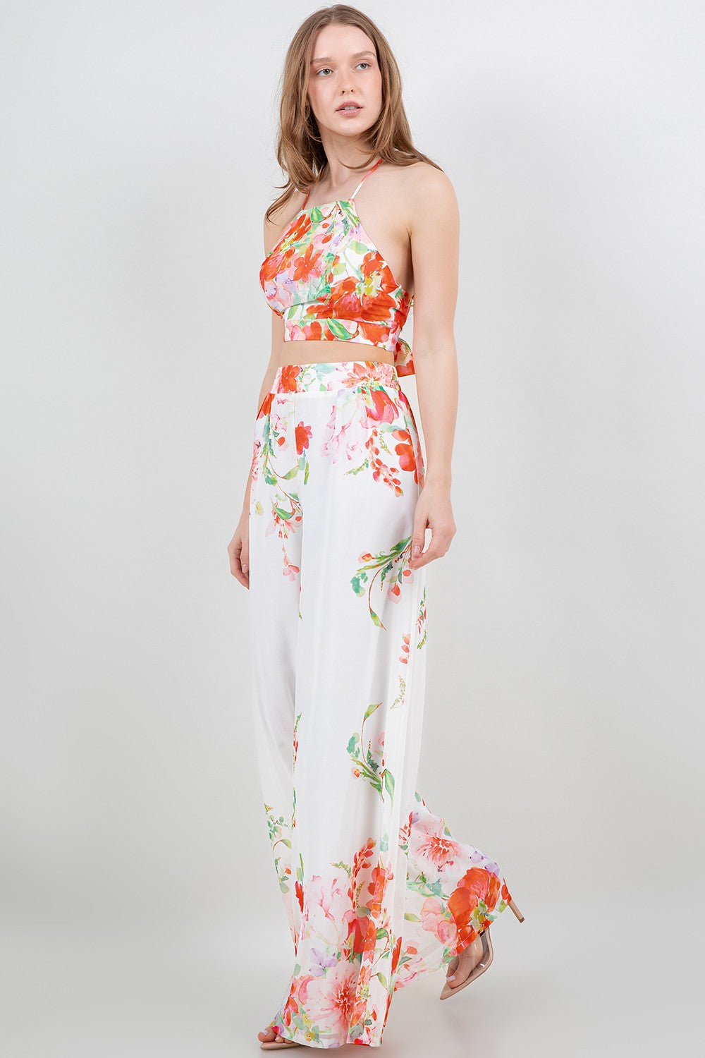 Tie Back Cropped Top And Wide Leg Pants Set