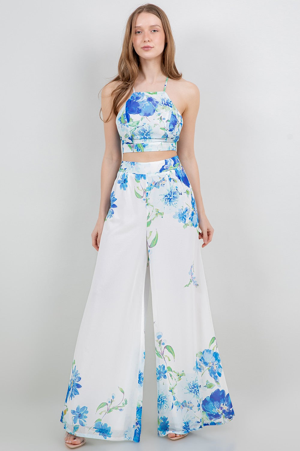 Tie Back Cropped Top And Wide Leg Pants Set