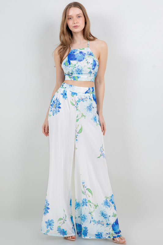 Tie Back Cropped Top And Wide Leg Pants Set
