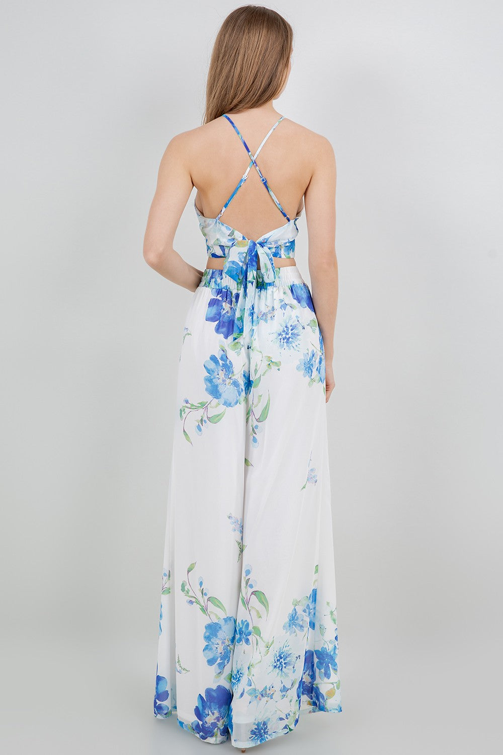 Tie Back Cropped Top And Wide Leg Pants Set