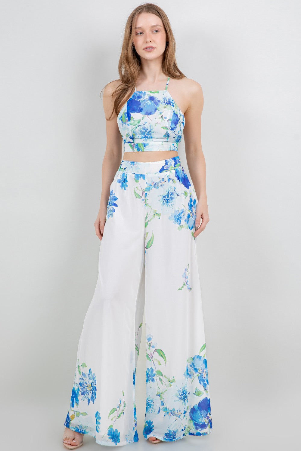 Tie Back Cropped Top And Wide Leg Pants Set