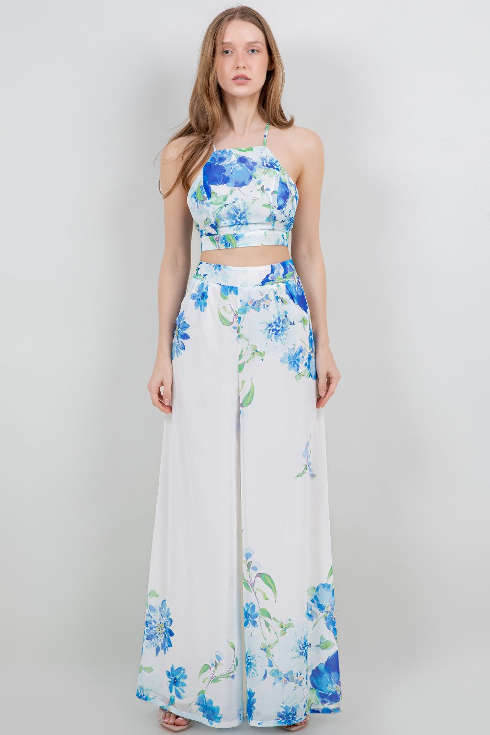 Tie Back Cropped Top And Wide Leg Pants Set