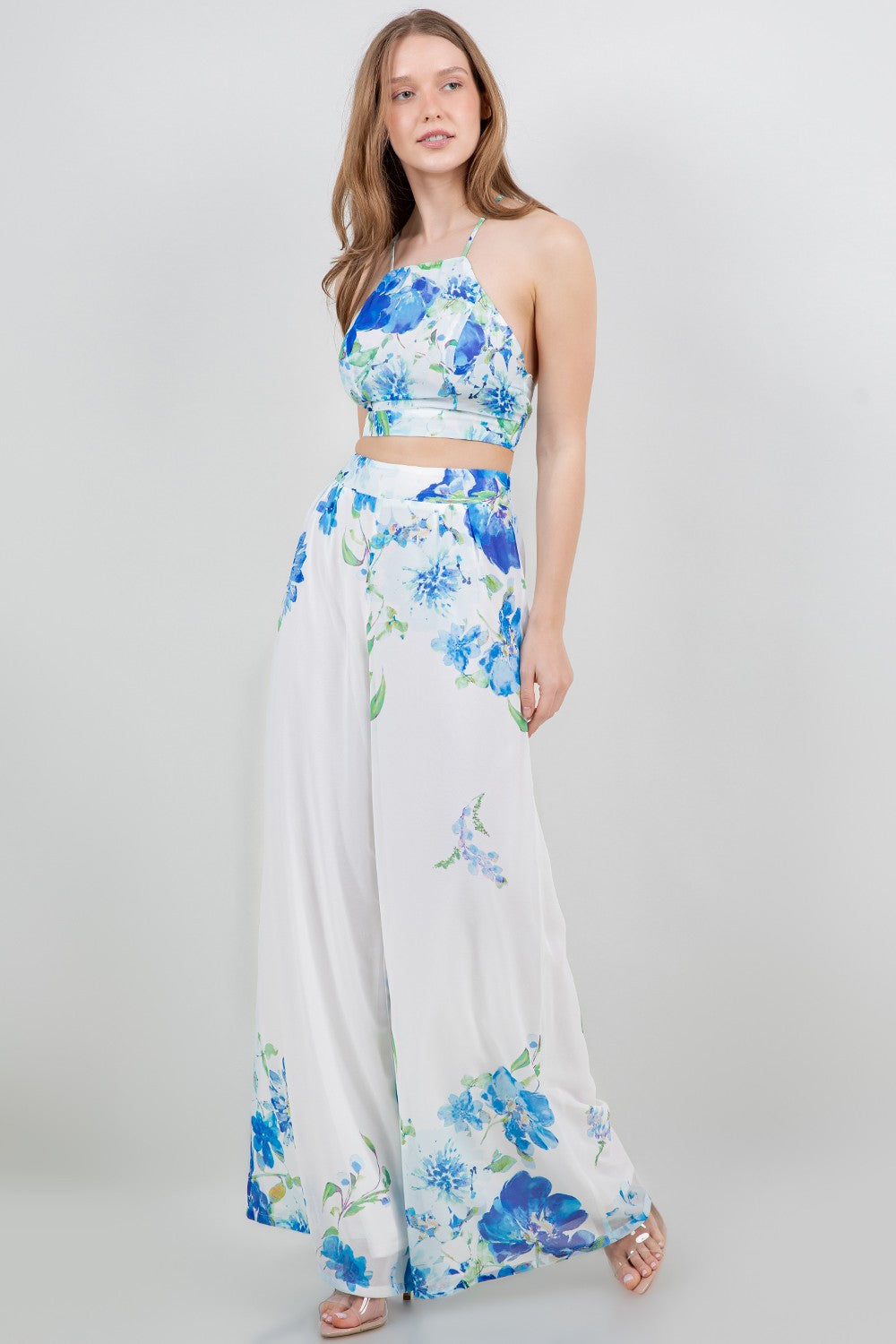 Tie Back Cropped Top And Wide Leg Pants Set