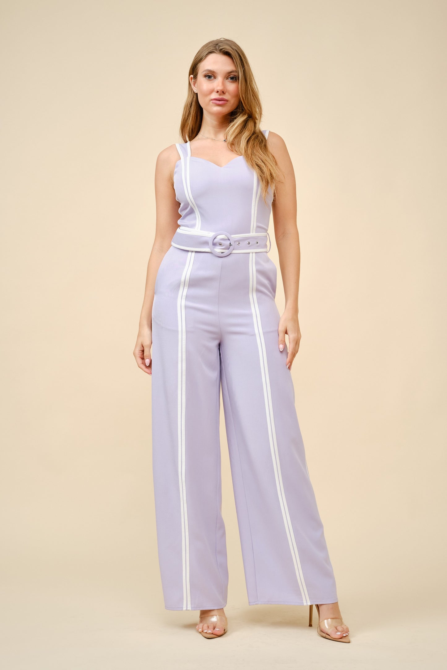 Contrast Color Belted Wide Leg Jumpsuit