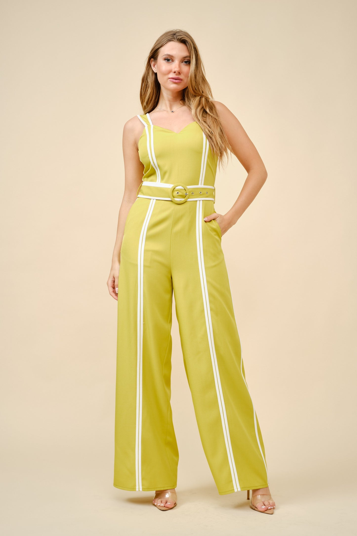 Contrast Color Belted Wide Leg Jumpsuit