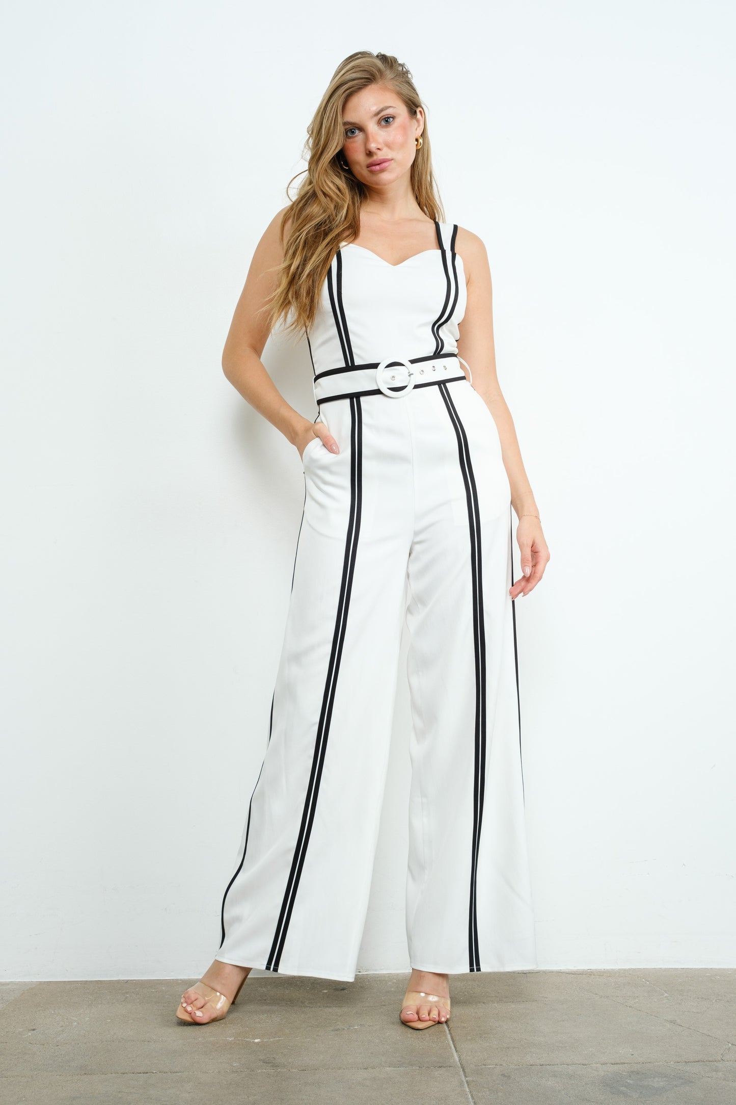 Contrast Color Belted Wide Leg Jumpsuit