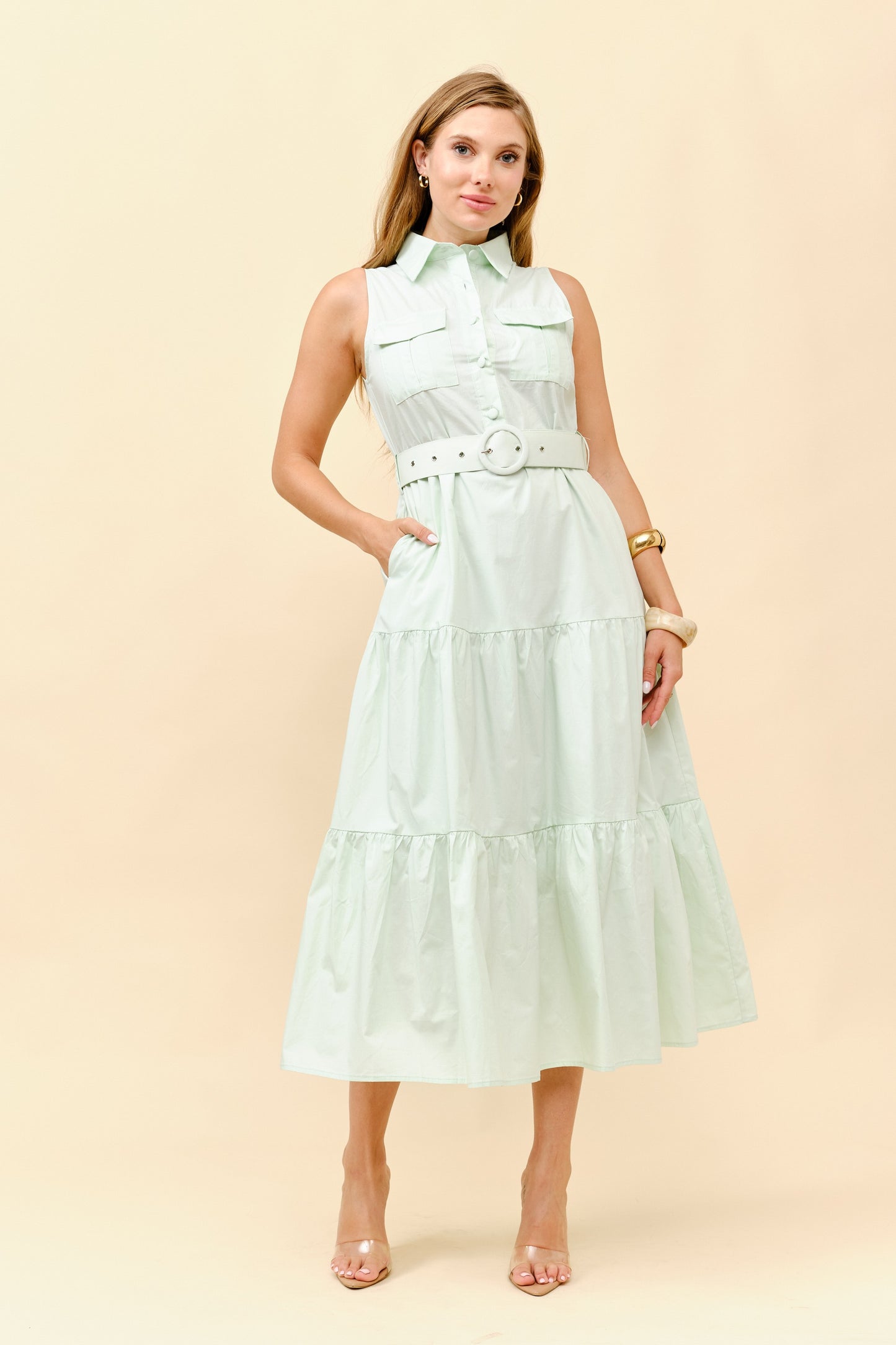 Tiered Midi Dress With Matching Belt