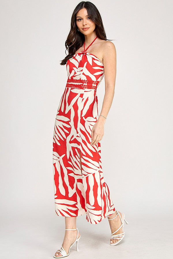 Printed Rope Neck Detail Midi Dress