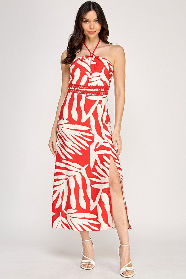 Printed Rope Neck Detail Midi Dress