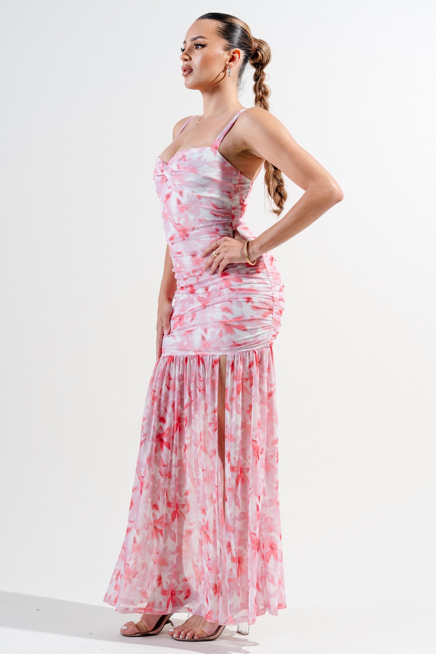 Mesh Print Twist Detail Front Slit Maxi Dress