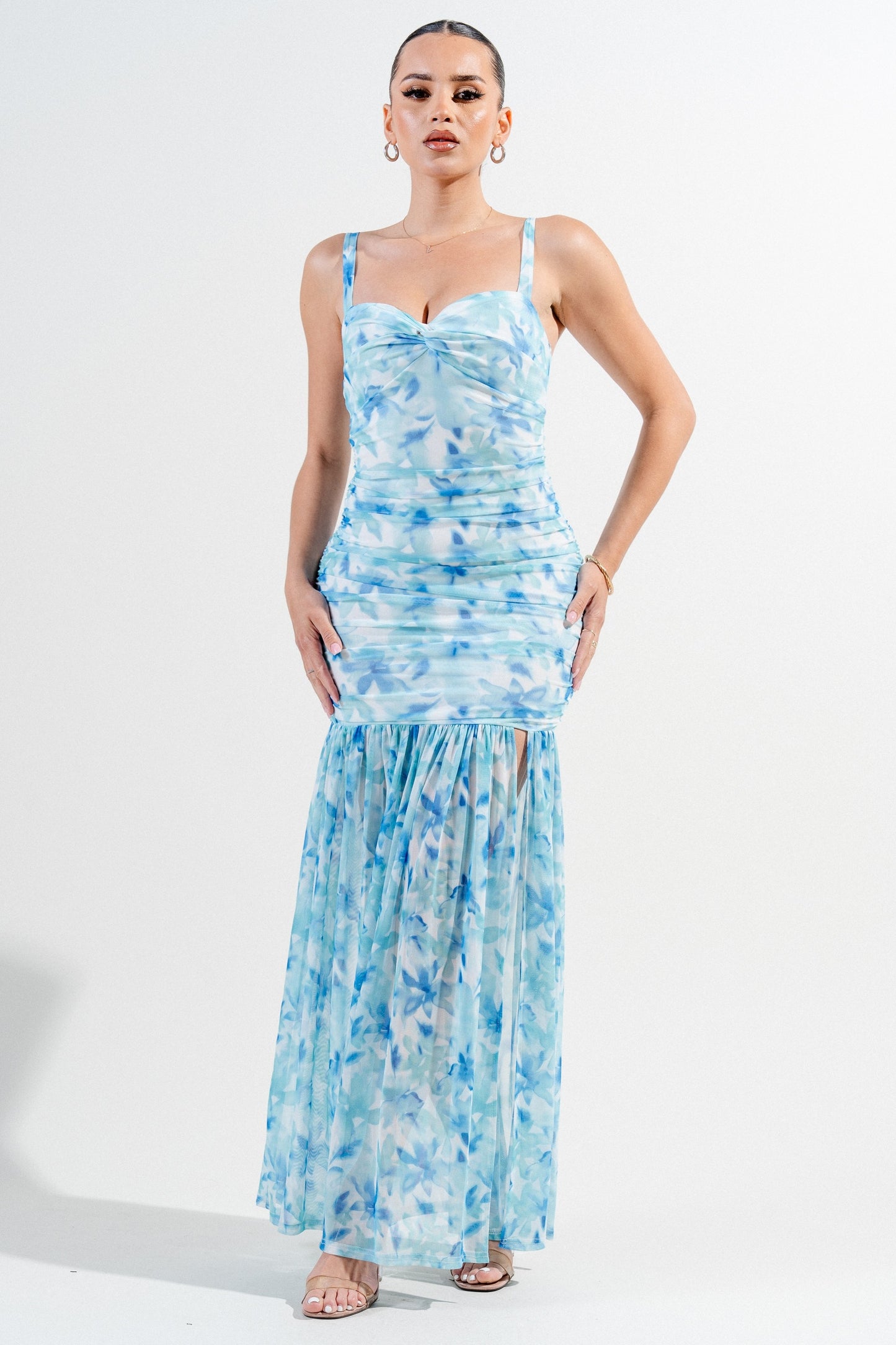 Mesh Print Twist Detail Front Slit Maxi Dress