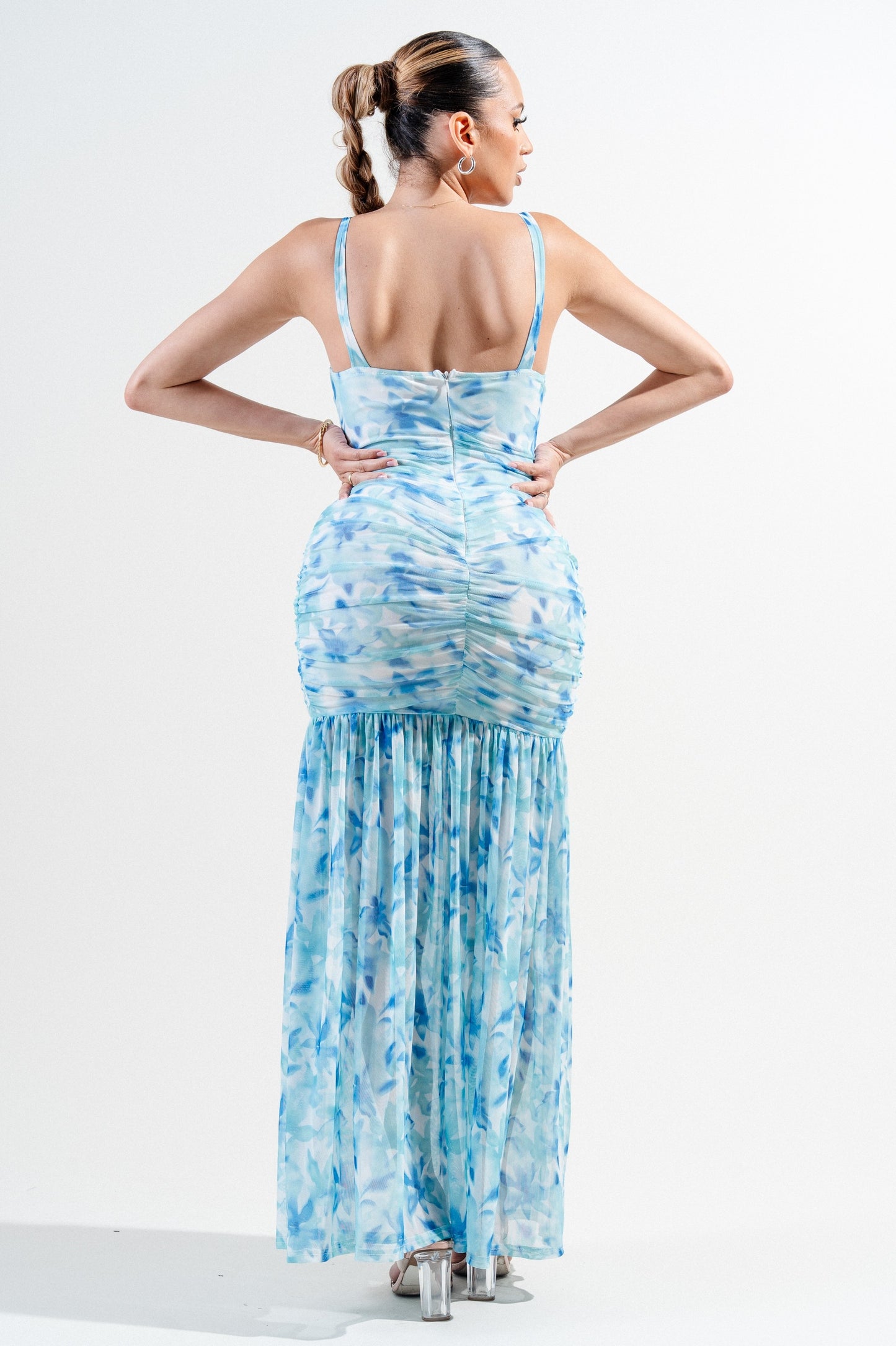 Mesh Print Twist Detail Front Slit Maxi Dress