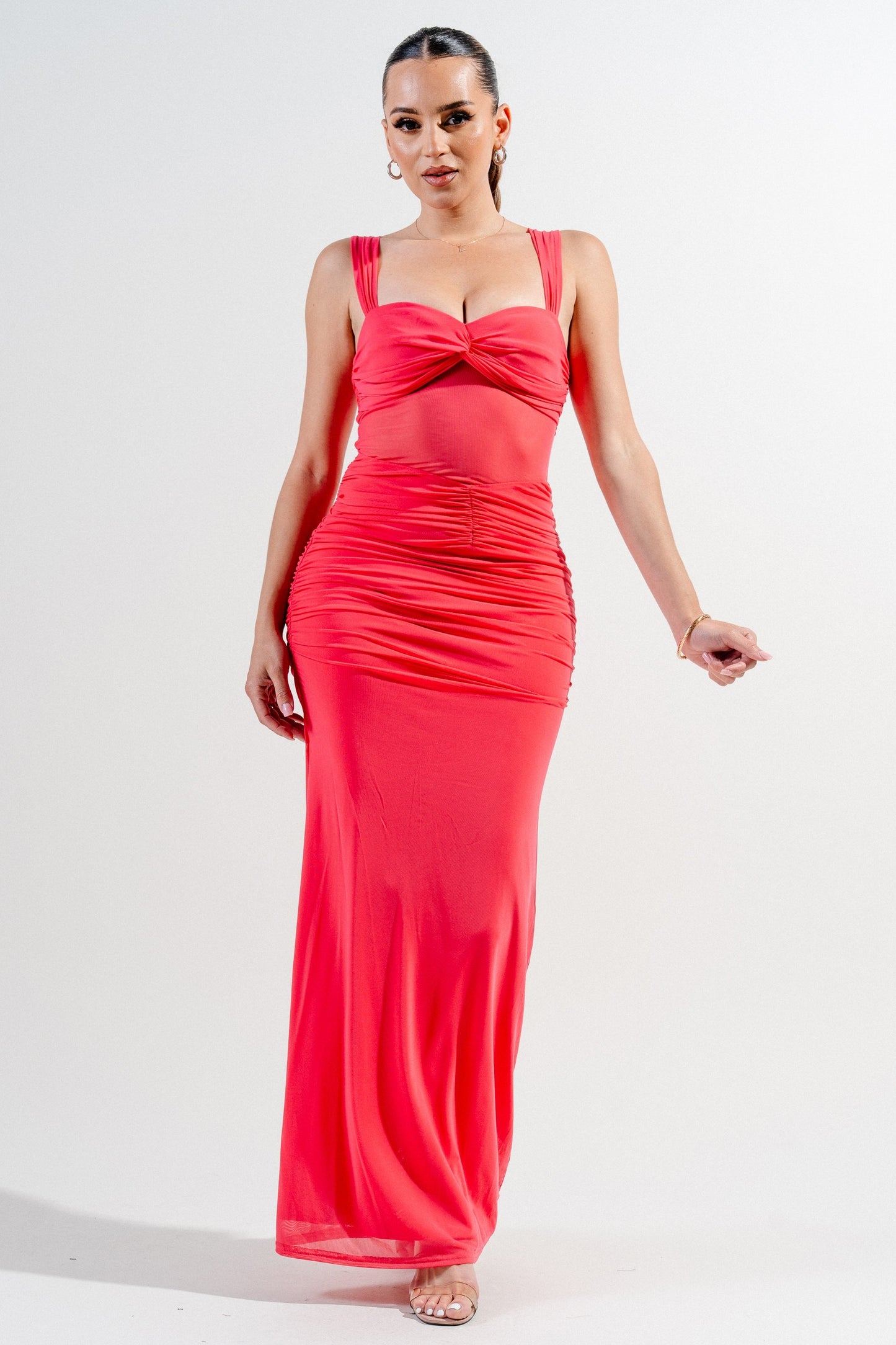 Mesh Twist Detail Ruched Maxi Mermaid Dress