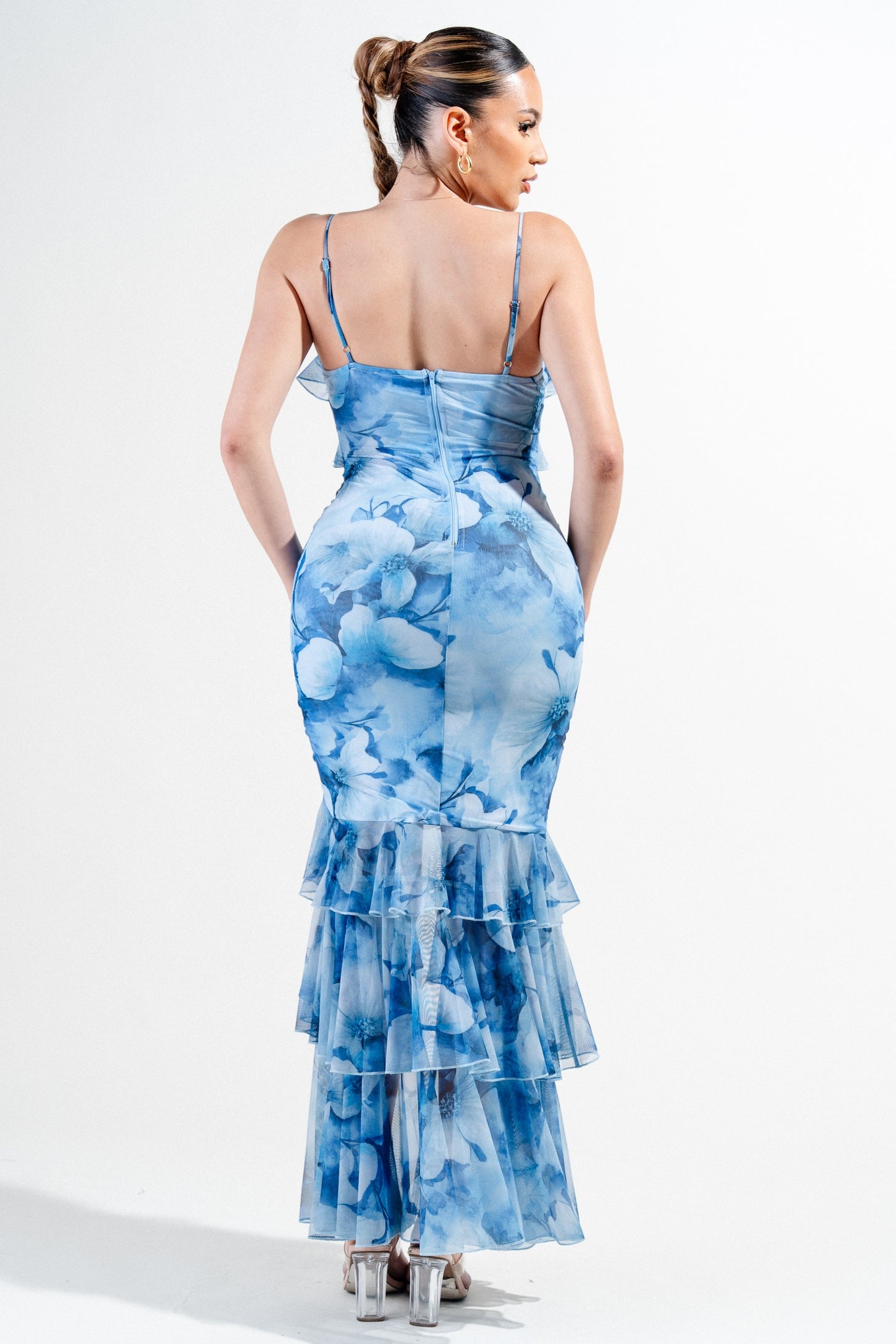 Mesh Print Ruffle Detail V-line Cami Maxi Dress