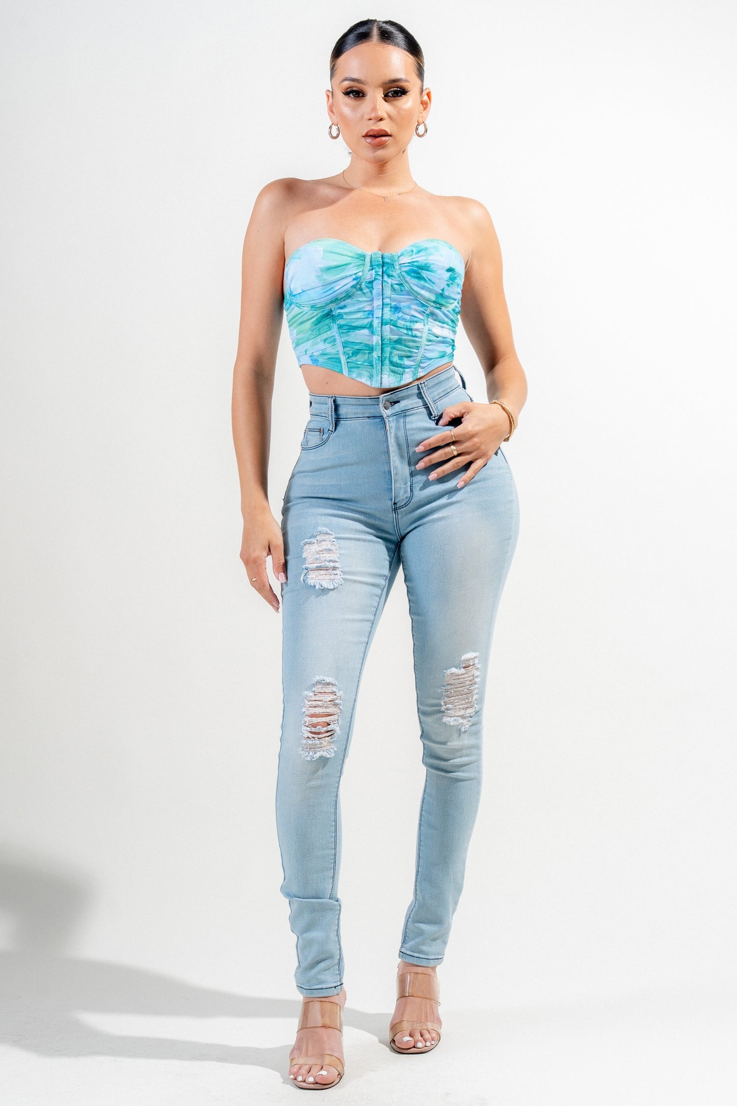 Mesh Print Bustier Corset Crop Top