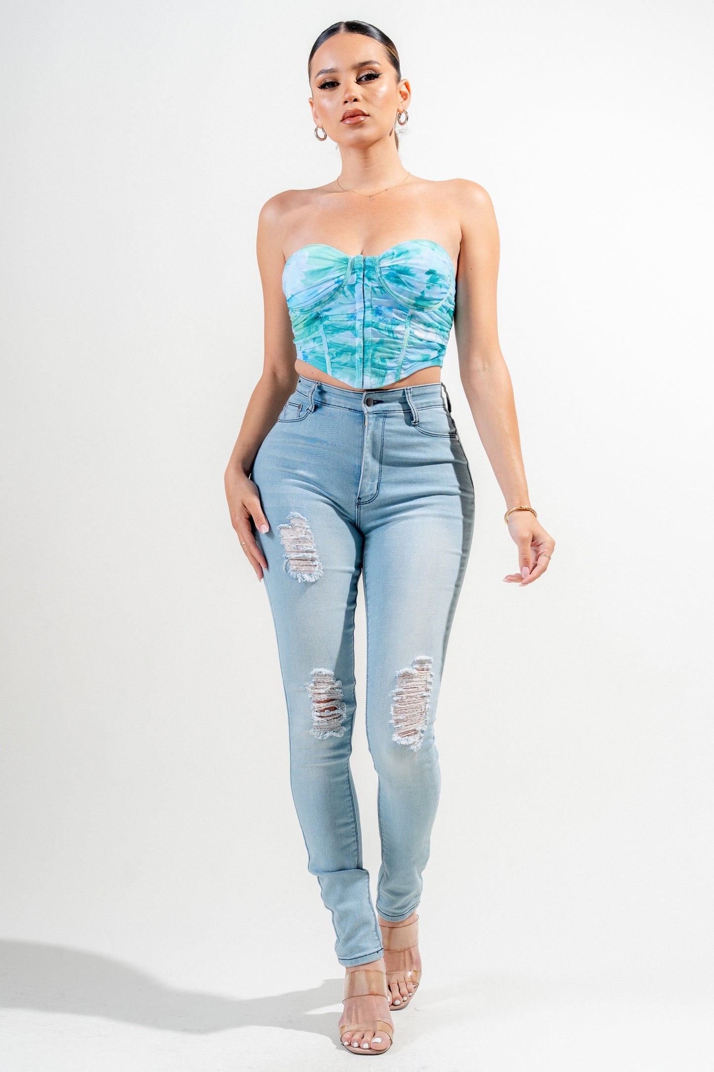 Mesh Print Bustier Corset Crop Top