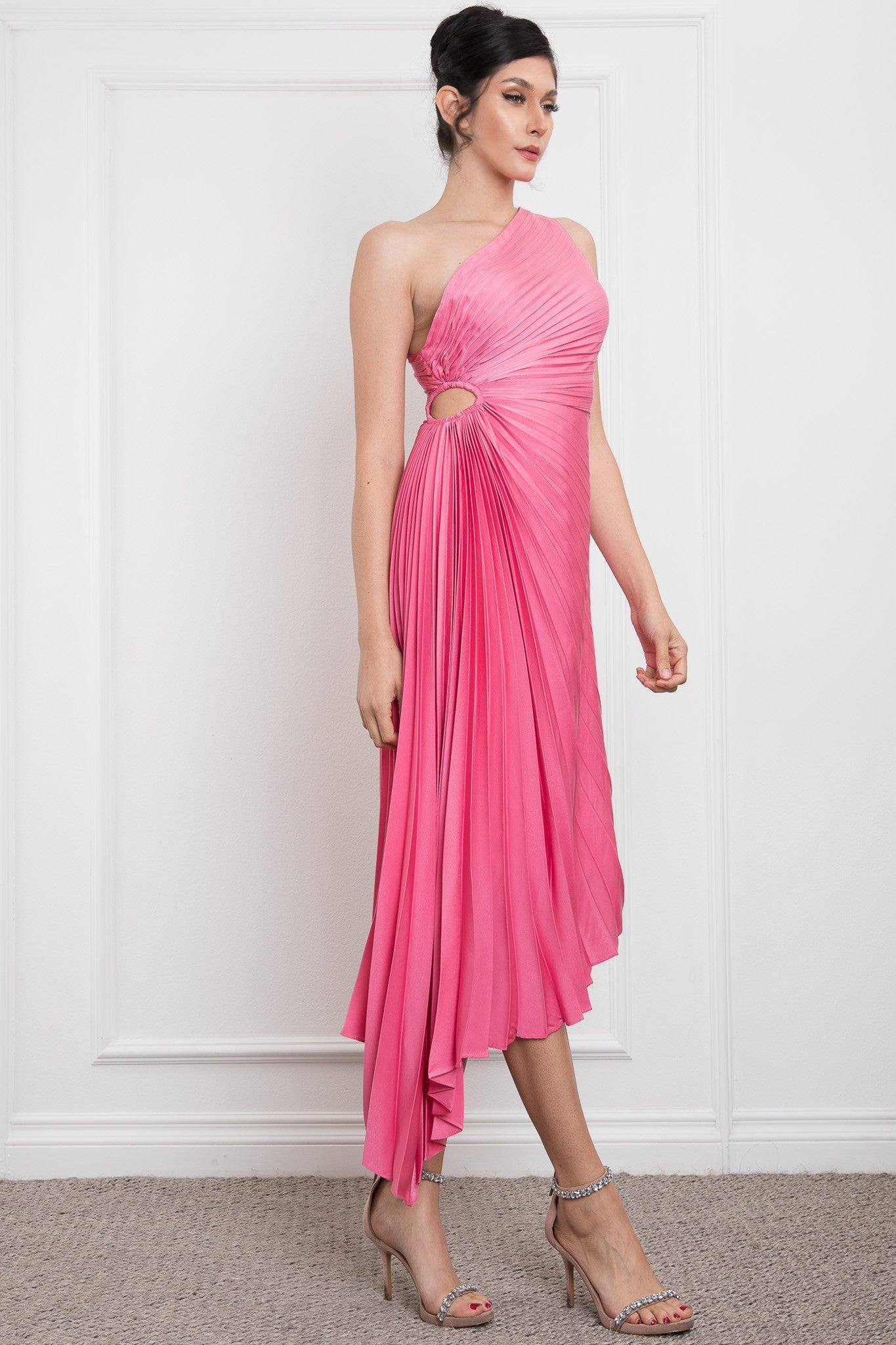Solid Ruched Pleated One Shoulder Hi Low Dress