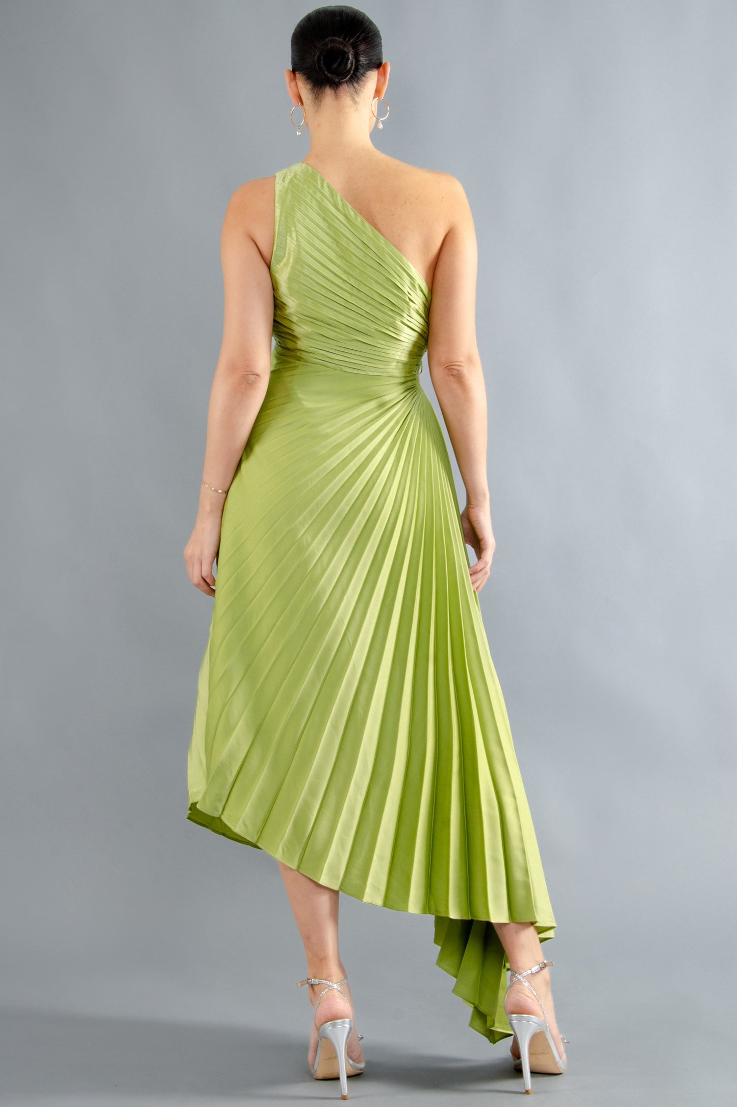 Solid Ruched Pleated One Shoulder Hi Low Dress