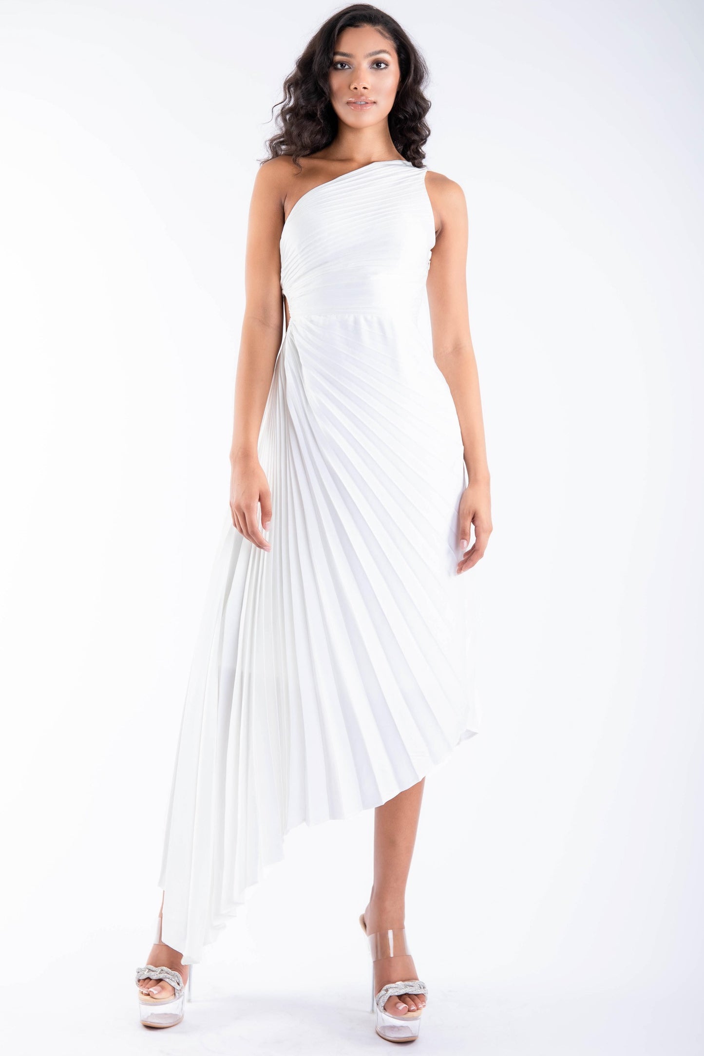 Solid Ruched Pleated One Shoulder Hi Low Dress