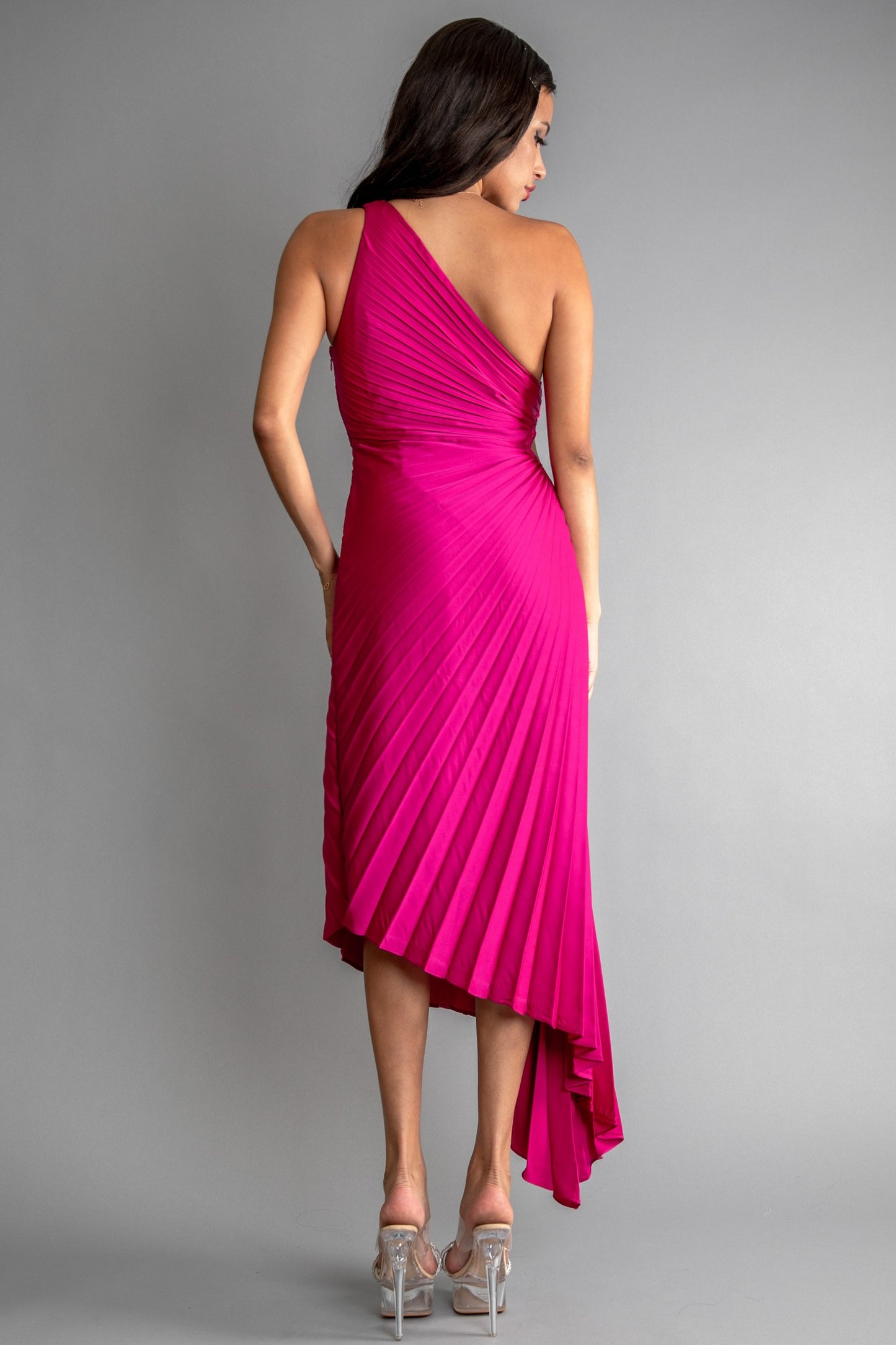 Solid Ruched Pleated One Shoulder Hi Low Dress
