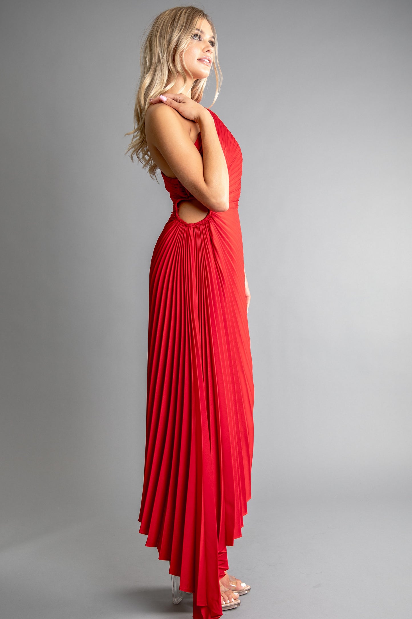 Solid Ruched Pleated One Shoulder Hi Low Dress
